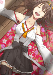 Rule 34 | 10s, 1girl, armpits, bad id, bad pixiv id, brown hair, detached sleeves, drooling, closed eyes, hairband, highres, japanese clothes, kantai collection, kongou (kancolle), long hair, lying, nontraditional miko, open mouth, personification, rane (etsu), saliva, sleeping, solo, thighhighs