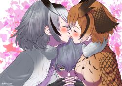 Rule 34 | 3girls, absurdres, aburaeoyaji, black hair, blush, brown hair, buttons, closed eyes, coat, commentary request, eurasian eagle owl (kemono friends), face-to-face, facing another, fingerless gloves, fur collar, gendou pose, gloves, green eyes, grey hair, grey shirt, hair between eyes, hands clasped, highres, kemono friends, kiss, leaning forward, long bangs, long sleeves, looking at viewer, medium hair, multicolored hair, multiple girls, northern white-faced owl (kemono friends), own hands clasped, own hands together, shirt, shoebill (kemono friends), smile, staring, v-shaped eyebrows, yuri