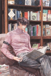 Rule 34 | 1boy, arm belt, black hair, book, book stack, bookshelf, chain, character request, closed mouth, couch, crossed legs, eyes visible through hair, feet out of frame, grey pants, hair over one eye, highres, holding, holding book, holding pen, indoors, light and night love, light smile, long sleeves, looking away, male focus, mole, mole under eye, natsuhiro, open book, pants, pen, photo (object), picture frame, purple shirt, reading, shirt, sitting, solo, tight clothes, tight shirt, turtleneck