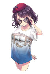 Rule 34 | 1girl, adjusting eyewear, arm behind back, bespectacled, black-framed eyewear, blouse, blue eyes, blue shirt, blush, breasts, cowboy shot, fate/grand order, fate (series), glasses, hat, katsushika hokusai (fate), legs together, looking at viewer, medium breasts, no pants, print shirt, purple hair, red hat, shirt, simple background, solo, standing, thighs, wavy hair, white background, yuemanhuaikong