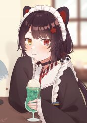 Rule 34 | 1girl, :3, absurdres, animal ears, black choker, black dress, black hair, blurry, blurry background, blush, choker, closed mouth, collared dress, cup, dog ears, dog hair ornament, dress, drinking glass, flower, frilled dress, frills, hair flower, hair ornament, hand up, heterochromia, highres, indoors, inui toko, inui toko (1st costume), japanese clothes, long hair, long sleeves, low twintails, maid headdress, mitora nao, nijisanji, parted bangs, red eyes, red flower, sleeves past fingers, sleeves past wrists, smoothie, soda, solo, twintails, upper body, v-shaped eyebrows, virtual youtuber, wide sleeves, yellow eyes