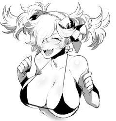 Rule 34 | bikini, bikini top only, bow, breasts, closed eyes, coif, fire emblem, fire emblem fates, large breasts, monochrome, nintendo, open mouth, peri (fire emblem), sharp teeth, smile, swimsuit, teeth, twintails