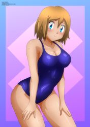 Rule 34 | 1girl, absurdres, blue eyes, blue one-piece swimsuit, blue school swimsuit, blush, breasts, brown hair, cleavage, collarbone, competition swimsuit, creatures (company), game freak, highres, large breasts, looking at viewer, nintendo, one-piece swimsuit, pokemon, pokemon (anime), pokemon xy (anime), purple background, school swimsuit, serena (pokemon), short hair, smile, swimsuit, wet, zel-sama
