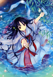Rule 34 | 1girl, absurdres, akino subaru, black hair, foreshortening, hair ornament, highres, japanese clothes, kimono, long hair, original, outstretched arms, red eyes, solo, submerged, tanabata, very long hair, water