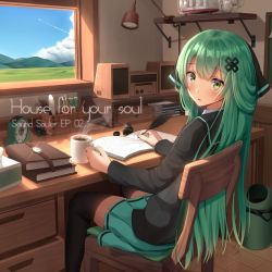 Rule 34 | 1girl, album cover, black thighhighs, blush, book, book stack, chair, clock, coffee, coffee mug, cover, cup, desk, drawer, green eyes, green hair, green skirt, highres, indoors, inkwell, lamp, long hair, looking at viewer, mechanical pencil, mug, open book, original, parted lips, pencil, quill, radio, scissors, sitting, skirt, solo, superpig, thighhighs, trash can, very long hair, watch, window, wristwatch