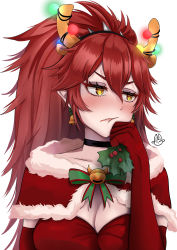 Rule 34 | 1girl, absurdres, anger vein, annoyed, antlers, black choker, breasts, capelet, cheek squash, choker, christmas lights, cleavage, eyeshadow, highres, holding, horns, large breasts, lighto, long hair, looking to the side, makeup, mistletoe, pointy ears, portrait, pout, purple eyeshadow, red capelet, red hair, solo, v-shaped eyebrows, virtual youtuber, vshojo, white background, yellow eyes, zentreya, zentreya (dragon)