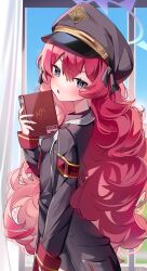 Rule 34 | 1girl, absurdres, armband, black coat, black hat, blue archive, blush, book, breasts, coat, commentary, grey eyes, hair between eyes, halo, hat, highres, holding, holding book, iroha (blue archive), long hair, long sleeves, looking at viewer, necktie, nyaruin, parted lips, peaked cap, purple halo, red armband, red hair, red necktie, small breasts
