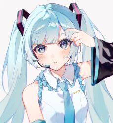 Rule 34 | 1girl, alternate hair length, alternate hairstyle, aqua eyes, aqua hair, aqua nails, aqua necktie, bare shoulders, black sleeves, blush, breasts, collared shirt, commentary request, detached sleeves, frills, hair ornament, harutoto, hatsune miku, highres, long hair, microphone, necktie, parted lips, pointing, shirt, simple background, sleeveless, sleeveless shirt, small breasts, solo, twintails, upper body, vocaloid