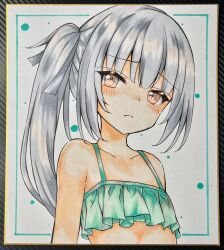 Rule 34 | 1girl, absurdres, bare shoulders, bikini, blush, brown eyes, closed mouth, collarbone, commentary request, dakkusu, green bikini, grey hair, grey ribbon, hair ribbon, highres, kantai collection, kasumi (kancolle), looking at viewer, marker (medium), photo (medium), ribbon, side ponytail, solo, swimsuit, traditional media, upper body