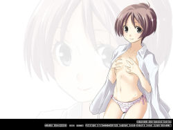Rule 34 | 1girl, ahoge, black eyes, blush, bob cut, bomi, cameltoe, covering privates, covering breasts, dress shirt, flat chest, frilled panties, frills, grey hair, lace, lace-trimmed panties, lace trim, looking at viewer, navel, no bra, open clothes, open shirt, panties, parted bangs, purple panties, shirt, short hair, side-tie panties, solo, standing, underwear, wallpaper, wide hips, zoom layer