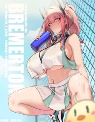 Rule 34 | 1girl, anus, anus peek, azur lane, bare shoulders, blush, book, bottle, breasts, bremerton (azur lane), bremerton (scorching-hot training) (azur lane), character name, crop top, crop top overhang, dated, hair between eyes, hand up, highres, holding, holding book, huge breasts, jewelry, long hair, looking at viewer, manjuu (azur lane), multicolored hair, navel piercing, necklace, no panties, outdoors, partially visible anus, piercing, pink eyes, pink hair, see-through, shirt, sidelocks, signature, skirt, sky, sleeveless, sleeveless shirt, smile, solo, sportswear, spread legs, squatting, streaked hair, sweat, tennis uniform, twintails, twitter username, two-tone skirt, underboob, water bottle, wet, wet clothes, xiangzi box