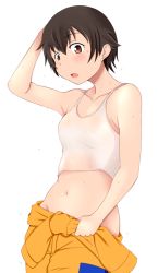 Rule 34 | 10s, 1girl, blush, brown eyes, brown hair, girls und panzer, hand on own head, jumpsuit, looking at viewer, nakajima (girls und panzer), navel, open mouth, orange jumpsuit, overalls, see-through, short hair, solo, standing, tanaka rikimaru, tank top, very short hair, wet, wet clothes, white background