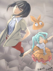Rule 34 | 2girls, aqua eyes, bakemonogatari, balancing, black footwear, black hair, blue shirt, blunt bangs, bob cut, breasts, brown background, brown eyes, brown shirt, carrying, carrying person, character name, closed mouth, commentary, desk, dress, floating clothes, floating hair, frilled dress, frills, from above, full body, googly eyes, gradient dress, hands on own hips, hat, unworn headwear, highres, hikimayu, kagenui yozuru, light smile, long hair, looking at another, looking down, looking up, medium breasts, midriff, midriff peek, monogatari (series), multicolored hair, multiple girls, nisemonogatari, ononoki yotsugi, open clothes, open shirt, orange dress, orange headwear, outstretched arms, pants, parted bangs, perspective, pile, red dress, red hair, red pants, school desk, shirt, short eyebrows, short hair, short sleeves, sidelocks, standing, standing on person, streaked hair, suspenders, t-pose, thick eyebrows, thomas (aoakumasan), translated, twintails, white dress, white shirt