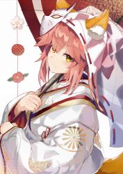 Rule 34 | 1girl, absurdres, animal ear fluff, animal ears, blush, breasts, fate/extra, fate (series), fox ears, fox girl, fox mask, fox tail, hair between eyes, highres, japanese clothes, kimono, large breasts, long hair, long sleeves, looking at viewer, mask, official alternate costume, pink hair, same (sendai623), sidelocks, smile, tail, tamamo (fate), tamamo no mae (fate/extra), tamamo no mae (fox&#039;s night dream) (fate), veil, white kimono, wide sleeves, yellow eyes
