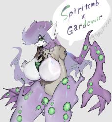 Rule 34 | breasts, claws, colored sclera, creatures (company), game freak, gardevoir, gen 3 pokemon, gen 4 pokemon, ghost, green eyes, green sclera, highres, huge breasts, long hair, nintendo, pokemon, pokemon (creature), purple hair, spiritomb, spot color, thick thighs, thighs, togetoge, wide hips