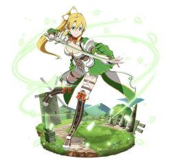 Rule 34 | 1girl, blonde hair, boots, breasts, brown footwear, cleavage, cross-laced footwear, full body, green eyes, hair between eyes, hair ornament, high ponytail, holding, holding sword, holding weapon, katana, knee boots, lace-up boots, leafa, leafa (sao:im), leg up, long hair, looking at viewer, medium breasts, midriff, navel, parted lips, pointy ears, sidelocks, simple background, solo, stomach, sword, sword art online, thigh strap, thighhighs, very long hair, weapon, white background, white thighhighs