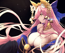 Rule 34 | 1girl, animal ear fluff, animal ears, bare shoulders, bell, black background, blue bow, blue kimono, bow, breasts, cleavage, collar, collarbone, fate/extra, fate/grand order, fate (series), floating hair, fox ears, fox girl, glint, hair between eyes, hair bow, hair ornament, hairpin, japanese clothes, jewelry, kimono, large breasts, long hair, long sleeves, low neckline, metal collar, neck ring, off shoulder, official alternate costume, parted lips, pink hair, revision, solo, sparkle, tamamo (fate), tamamo no mae (fate/extra), tamamo no mae (third ascension) (fate), teeth, untue, upper body, very long hair, yellow eyes