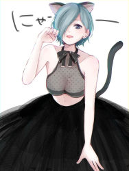 Rule 34 | absurdres, bad id, bad pixiv id, bareblue hair, black ribbon, black skirt, blue eyes, breasts, cat, cat tail, cleavage, commentary request, hair over one eye, highres, kirishima touka, long skirt, looking at viewer, medium breasts, navel, one eye covered, ribbon, see-through, short hair, simple background, skirt, smile, solo, tail, tokyo ghoul, toukaairab, translation request, white background