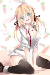 Rule 34 | 10s, 1girl, animal ears, bad id, bad twitter id, blonde hair, blue eyes, carrot, jewelry, kantai collection, long hair, necklace, prinz eugen (kancolle), rabbit ears, shijima (sjmr02), smile, solo, thighhighs, twintails