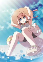 Rule 34 | 1girl, bad id, bad pixiv id, bike shorts, blue eyes, cloud, cpu (hexivision), day, feet, female focus, foot focus, from below, hat, pink hair, sandals, short hair, sky, smile, solo, straw hat, toes, water, wind