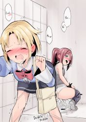 Rule 34 | 2girls, against wall, ass, bag, bathroom, bent over, black skirt, blonde hair, blue eyes, blue pants, blue shirt, blush, bow, bowtie, bracelet, breasts, breath, clenched hand, closed eyes, clothes pull, collar, collared shirt, denim, drooling, embarrassed, english text, female focus, forehead, frilled shirt, frills, from behind, grey background, grey footwear, grey vest, hair intakes, hands up, heart, highres, indoors, jeans, jewelry, juliet sleeves, legs apart, long sleeves, looking at another, looking back, miniskirt, miruru (rune (dualhart)), moaning, multiple girls, nose blush, open mouth, original, panties, pants, pants pull, pee, peeing, peeing self, puffy sleeves, raika (rune (dualhart)), red neckwear, rune (dualhart), saliva, shirt, shirt tucked in, short hair, shoulder bag, sidelocks, skirt, small breasts, speech bubble, spiked bracelet, spiked collar, spikes, spoken heart, squat toilet, squatting, standing, surprised, sweat, tears, tile wall, tiles, toilet use, trembling, underwear, vest, wavy mouth, wet, wet clothes, wet panties, white panties