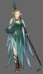 Rule 34 | 1girl, absurdres, blonde hair, boots, breasts, bridal gauntlets, commentary, dagger, dinelind (drill (emilio)), dress, drill (emilio), earrings, elf, full body, gloves, green dress, green gloves, grey background, highres, jewelry, knee boots, knife, long hair, looking at viewer, medium breasts, original, pointy ears, simple background, single earring, solo, staff, toeless footwear, weapon