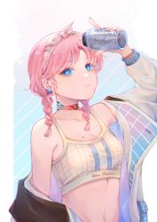 Rule 34 | 1girl, absurdres, arknights, arm up, bare shoulders, blue eyes, blue nails, blue poison (arknights), blue poison (shoal beat) (arknights), braid, breasts, choker, cleavage, collarbone, crop top, earrings, hairband, highres, holding, jewelry, long hair, midriff, miyaji (miyaji0517), nail polish, navel, off shoulder, pink hair, red choker, small breasts, solo, sports bra, stomach, twin braids, upper body