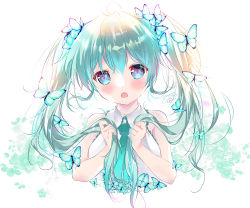 Rule 34 | 1girl, :o, animal, aqua hair, backlighting, bare arms, bare shoulders, blue eyes, blue necktie, blush, breasts, bug, butterfly, collared shirt, commentary request, cropped torso, hair between eyes, hands up, hatsune miku, head tilt, highres, holding, holding hair, insect, long hair, looking at viewer, medium breasts, mikeou, necktie, open mouth, shirt, sleeveless, sleeveless shirt, solo, twintails, upper body, very long hair, vocaloid, white shirt