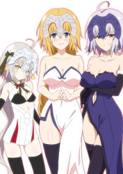 Rule 34 | 3girls, ahoge, bare shoulders, bell, black gloves, black legwear, blonde hair, blue dress, blue eyes, blush, breasts, cleavage, clothing cutout, collarbone, commentary request, dress, elbow gloves, fate/grand order, fate (series), gin&#039;you haru, gloves, headpiece, jeanne d&#039;arc (fate), jeanne d&#039;arc (ruler) (fate), jeanne d&#039;arc alter (avenger) (fate), jeanne d&#039;arc alter (fate), jeanne d&#039;arc alter santa lily (fate), long hair, looking at viewer, medium breasts, multiple girls, navel cutout, pom pom (clothes), short hair, side slit, silver hair, simple background, small breasts, smile, smirk, strapless, strapless dress, thighhighs, very long hair, white background, white dress, yellow eyes