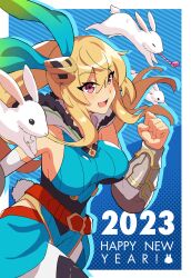 Rule 34 | 1girl, 2023, absurdres, belt, blonde hair, blue ribbon, breasts, clenched hand, dragalia lost, elisanne, fake tail, green ribbon, hair between eyes, hair ribbon, highres, kelzero, long hair, medium breasts, new year, open mouth, party whistle, ponytail, rabbit, rabbit tail, red eyes, ribbon, tail, two-tone ribbon, very long hair