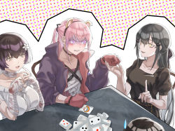 Rule 34 | 4girls, april fools, bandaged arm, bandaged neck, bandages, black dress, black hair, blood, blood on arm, blush, breasts, card, card game, chair, chinese commentary, collarbone, dandelion (girls&#039; frontline), dress, finellen, flower, girls&#039; frontline, gloves, hair flower, hair ornament, hairclip, highres, index finger raised, jacket, joker (playing card), large breasts, long hair, looking at another, looking away, machlian (girls&#039; frontline), medium breasts, multiple girls, multiple views, open clothes, open jacket, open mouth, paradeus, pink hair, playing card, ponytail, purple eyes, purple jacket, red gloves, shirt, short hair, simple background, sitting, st ar-15 (girls&#039; frontline), st ar-15 (mod3) (girls&#039; frontline), table, teeth, upper body, upper teeth only, white dress, white shirt, yellow eyes
