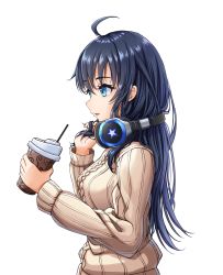 Rule 34 | 1girl, ahoge, blue eyes, blue hair, can, from side, hair between eyes, headphones, headphones around neck, highres, holding, holding can, long hair, long sleeves, looking at viewer, original, profile, ribbed sweater, simple background, solo, star-ring, sweater, upper body, very long hair, white background, white sweater