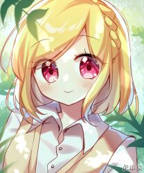 Rule 34 | 1girl, absurdres, blonde hair, blurry, blurry foreground, blush, braid, brown vest, closed mouth, collared shirt, day, depth of field, dress shirt, highres, looking at viewer, midorikaze fuwari, outdoors, plant, pretty series, pripara, pudding (skymint 028), red eyes, shirt, signature, smile, solo, swept bangs, upper body, vest, white shirt