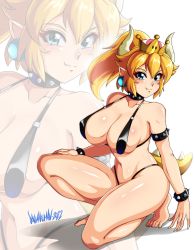 Rule 34 | 1girl, absurdres, armlet, bare shoulders, barefoot, bikini, black bikini, blonde hair, blue eyes, bowsette, bracelet, breasts, closed mouth, collar, collarbone, crown, danmakuman, earrings, fang, feet, fingernails, full body, highres, horns, jewelry, kneeling, large breasts, legs, long fingernails, long hair, looking at viewer, mario (series), new super mario bros. u deluxe, nintendo, pointy ears, ponytail, sharp fingernails, smile, solo, spiked armlet, spiked bracelet, spiked collar, spikes, super crown, swimsuit, tail, zoom layer