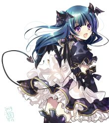 Rule 34 | 1girl, black gloves, black thighhighs, blue hair, blush, commentary, dated, demon tail, demon wings, earrings, elbow gloves, frilled skirt, frills, from behind, gloves, hair bun, hair wings, head wings, highres, jewelry, koge donbo, long hair, looking at viewer, looking back, love live!, love live! sunshine!!, open mouth, puffy short sleeves, puffy sleeves, purple eyes, short sleeves, side bun, signature, simple background, single hair bun, single side bun, sketch, skirt, smile, solo, tail, thighhighs, thighs, tsushima yoshiko, white background, wings, zettai ryouiki