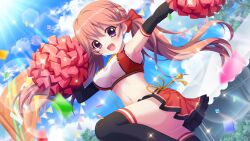 Rule 34 | 1girl, :d, armpits, black gloves, black thighhighs, blue sky, bow, breasts, cheerleader, cloud, confetti, crop top, day, dot nose, elbow gloves, film grain, from below, game cg, gloves, group name, haeno akari, hair bow, hand up, izumi tsubasu, large breasts, lens flare, long hair, looking at viewer, midriff, navel, non-circular lens flare, non-web source, official art, open mouth, orange hair, outdoors, outstretched arm, pole, pom pom (cheerleading), purple eyes, re:stage!, red bow, red skirt, rope, shimenawa, skirt, sky, smile, solo, sparkle, standing, standing on one leg, string of flags, sunlight, thighhighs, twintails