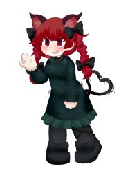 Rule 34 | 1girl, :3, :d, animal ear fluff, animal ears, black bow, black footwear, black pantyhose, black ribbon, blackbad, blunt bangs, blush, bow, braid, breasts, cat ears, cat tail, dress, extra ears, fang, fidgeting, footwear bow, full body, green dress, hair bow, hair ribbon, hand up, heart, heart tail, highres, kaenbyou rin, leg ribbon, multiple tails, nekomata, nervous smile, open mouth, pantyhose, red eyes, red hair, ribbon, simple background, small breasts, smile, solo, standing, tail, touhou, trembling, tress ribbon, twin braids, twintails, two tails, unmoving pattern, waving, white background