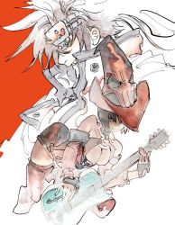 Rule 34 | 1boy, 1girl, 2344, bare shoulders, black eyes, black hair, brown hair, detached sleeves, grin, guilty gear, guitar, hat, headband, holding, holding instrument, i-no, instrument, o-ring, parted lips, red headwear, red legwear, shaded face, sharp teeth, short hair, sketch, smile, sol badguy, teeth, yellow eyes