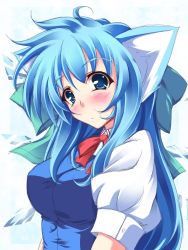 Rule 34 | 1girl, alternate hairstyle, animal ears, blue eyes, blue hair, bow, breasts, cat ears, cirno, cirno-nee, highres, kemonomimi mode, large breasts, long hair, lozelia, matching hair/eyes, aged up, ribbon, solo, touhou, wings
