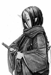 Rule 34 | 1girl, black hair, closed mouth, from side, greyscale, hair between eyes, highres, holding, holding sword, holding weapon, horns, japanese clothes, katana, kimono, long hair, long scarf, long sleeves, looking ahead, looking to the side, monochrome, monster girl, obi, oni, oni girl, oni horns, original, pointy ears, sash, scarf, school uniform, serafuku, sheath, sheathed, shiro shougun, snow, snowing, solo, standing, sword, torn clothes, torn scarf, weapon, wide sleeves, winter