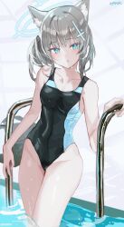 Rule 34 | 1girl, :o, absurdres, animal ear fluff, animal ears, bare arms, bare shoulders, black one-piece swimsuit, blue archive, blue eyes, blush, collarbone, commentary request, covered navel, grey hair, groin, hair ornament, halo, hand up, haruri, highres, looking at viewer, one-piece swimsuit, parted lips, shiroko (blue archive), shiroko (swimsuit) (blue archive), signature, solo, standing, swimsuit, water