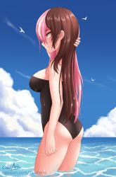 Rule 34 | 1girl, adapted costume, adjusting hair, artist name, ass, bird, breasts, brown hair, cloud, cowboy shot, cslucaris, day, female focus, from side, highres, horizon, large breasts, long hair, looking away, multicolored hair, nature, neo politan, ocean, one-piece swimsuit, outdoors, parted lips, pink eyes, pink hair, profile, ribbed swimsuit, rwby, sky, smile, solo, split-color hair, standing, swimsuit, thighs, two-tone hair, very long hair, water, wet, wet hair