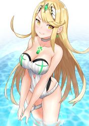 Rule 34 | 1girl, absurdres, blonde hair, blush, breasts, bridal garter, choker, cleavage, closed mouth, collarbone, earrings, highres, jewelry, long hair, looking at viewer, medium breasts, mythra (xenoblade), nintendo, ojun, one-piece swimsuit, partially submerged, smile, solo, standing, striped clothes, striped one-piece swimsuit, swimsuit, tiara, vertical-striped clothes, vertical-striped one-piece swimsuit, water, white choker, white one-piece swimsuit, xenoblade chronicles (series), xenoblade chronicles 2, yellow eyes