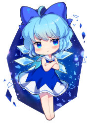 Rule 34 | 1girl, ahoge, barefoot, blue background, blue bow, blue dress, blue eyes, blue hair, blush, bow, bowtie, chibi, cirno, closed mouth, crossed arms, crystal, dress, full body, hair between eyes, highres, ice, ice wings, iris anemone, looking to the side, red bow, red bowtie, sailor collar, simple background, sleeveless, sleeveless dress, solo, standing, touhou, v-shaped eyebrows, white background, wings