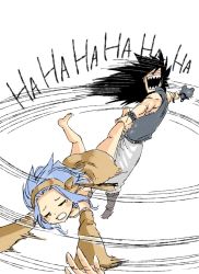Rule 34 | 1boy, 1girl, ankle grab, bare shoulders, barefoot, black hair, blue hair, cat, crying, detached sleeves, dress, closed eyes, fairy tail, gajeel redfox, hair between eyes, hairband, levy mcgarden, long hair, mashima hiro, motion lines, official art, open mouth, pantherlily, pants, sharp teeth, shirt, short hair, simple background, sleeveless, swinging, teeth, white background