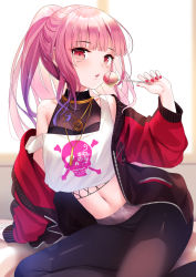 Rule 34 | 1girl, bare shoulders, black jacket, black pants, candy, crop top, crop top overhang, food, holding, hololive, hololive english, jacket, jewelry, lollipop, long hair, long sleeves, looking at viewer, midriff, mori calliope, mori calliope (streetwear), nail polish, navel, necklace, off shoulder, official alternate costume, open clothes, open jacket, pants, pantyhose, parted lips, pink hair, ponytail, red eyes, shirt, sidelocks, sitting, sleeveless, sleeveless shirt, solo, strap slip, virtual youtuber, white shirt, yan (nicknikg)