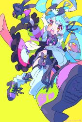 Rule 34 | 1girl, absurdres, aqua hair, black bow, black gloves, blush, bow, dress, foreshortening, full body, gloves, green footwear, highres, jacktaro, long hair, long sleeves, loose socks, multicolored clothes, multicolored dress, multicolored footwear, open mouth, orange eyes, original, outstretched arm, patchwork clothes, purple footwear, shoes, simple background, sneakers, socks, solo, teeth, twitter username, upper teeth only, v, white socks, yellow background