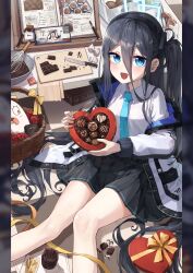 Rule 34 | 1girl, absurdly long hair, absurdres, aris (blue archive), black hairband, blue archive, blue hair, blue necktie, blush, box, box of chocolates, candy, cellphone, chocolate, chocolate heart, cookbook, cooking, cutting board, dark blue hair, doodle sensei (blue archive), food, fuuka (blue archive), gift, gift box, hair between eyes, hair spread out, hairband, halo, heart, heart-shaped box, highres, holding, holding box, holding gift, kitchen knife, kokukyukeo, ladle, long hair, necktie, one side up, peroro (blue archive), phone, ringed eyes, sensei (blue archive), smartphone, solo, valentine, very long hair, whisk