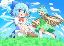 Rule 34 | 2girls, :o, ^ ^, ahoge, antennae, barefoot, bloomers, blue dress, blue eyes, blue hair, blush, bobby socks, brown footwear, butterfly wings, chestnut mouth, cirno, closed eyes, cloud, cloudy sky, coruthi, day, dress, eternity larva, fisheye, flower, grass, green dress, hair between eyes, happy, holding, holding flower, ice, ice wings, insect wings, knees up, leaf, leaf on head, looking at viewer, multiple girls, on ground, open mouth, running, short hair, sitting, sky, smile, socks, touhou, underwear, white legwear, wings