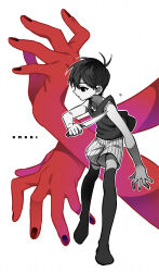 Rule 34 | 1boy, antenna hair, bare arms, bare shoulders, black eyes, black hair, black tank top, black thighhighs, character name, child, colored skin, commentary request, copyright name, expressionless, from side, full body, ghost hands, highres, holding, holding knife, knife, looking ahead, male focus, no shoes, omori, omori (omori), outline, short hair, shorts, simple background, solo, standing, striped clothes, striped shorts, tank top, thighhighs, toastytoast, white background, white outline, white shorts, white skin